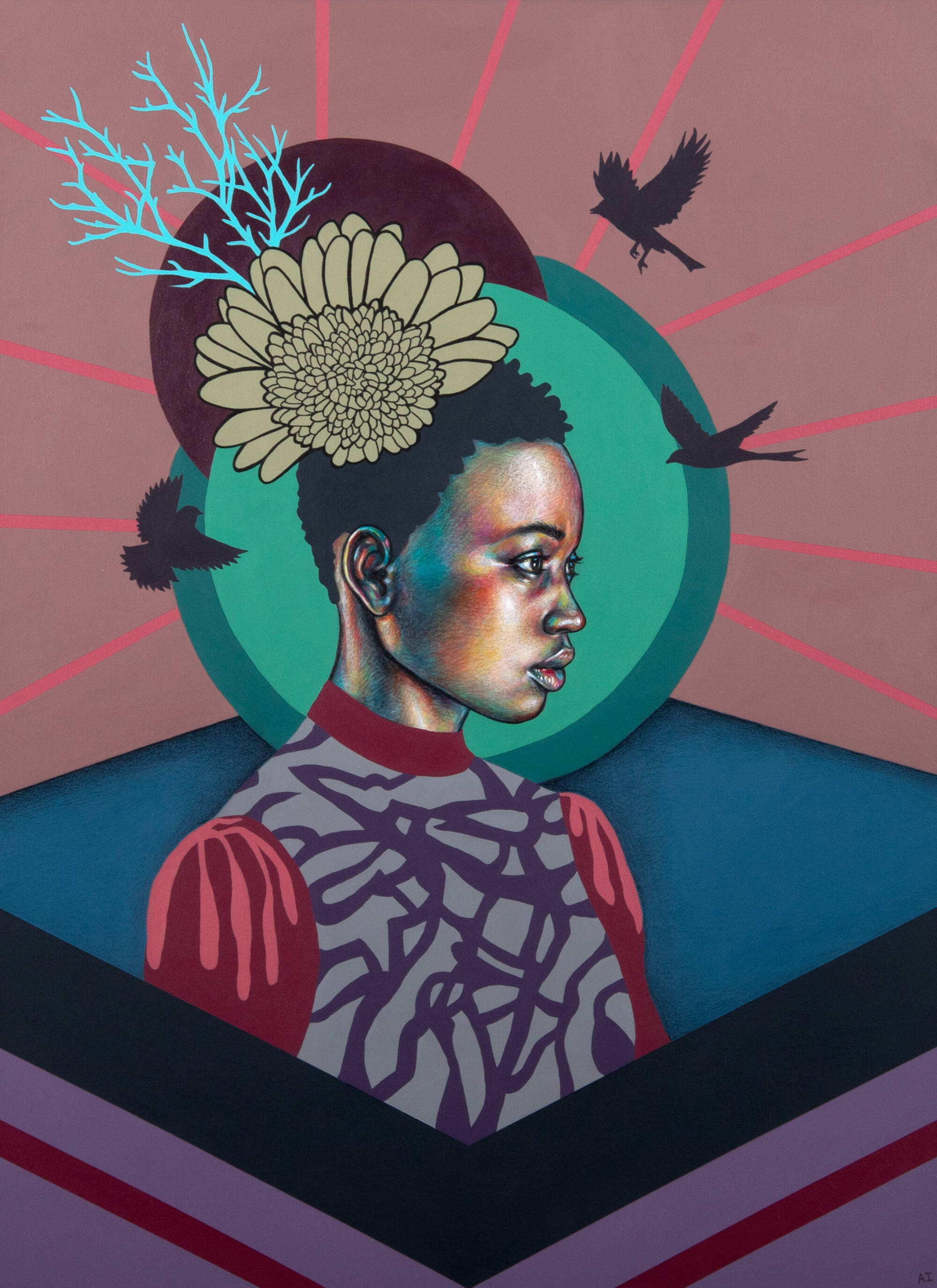Painted portrati of a female figure with short, dark hair, surrounded by illustrative flowers, birds and geometric patterns.